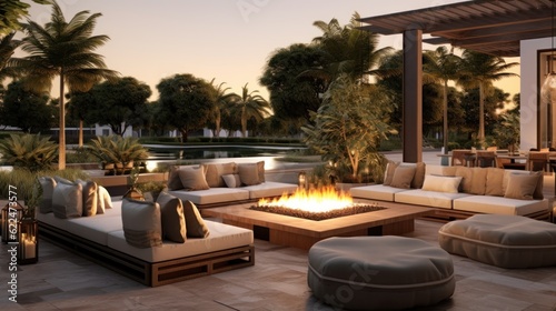 Stylish outdoor lounge area with comfortable seating  a fire pit  and a built - in bar  providing an inviting space for socializing and enjoying the Mediterranean evenings