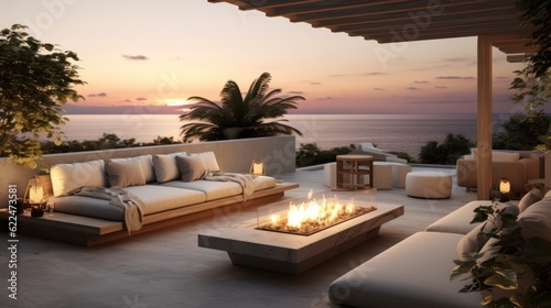 Stylish outdoor lounge area with comfortable seating  a fire pit  and a built - in bar  providing an inviting space for socializing and enjoying the Mediterranean evenings