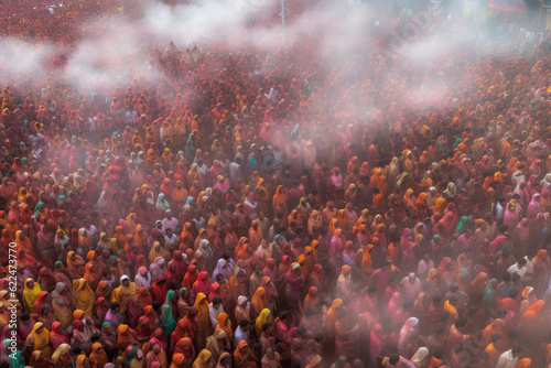 Colorful Spectacle: Aerial View of the Vibrant Indian Holi Festival