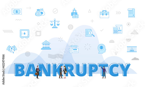 bankruptcy concept with big words and people surrounded by related icon with blue color style