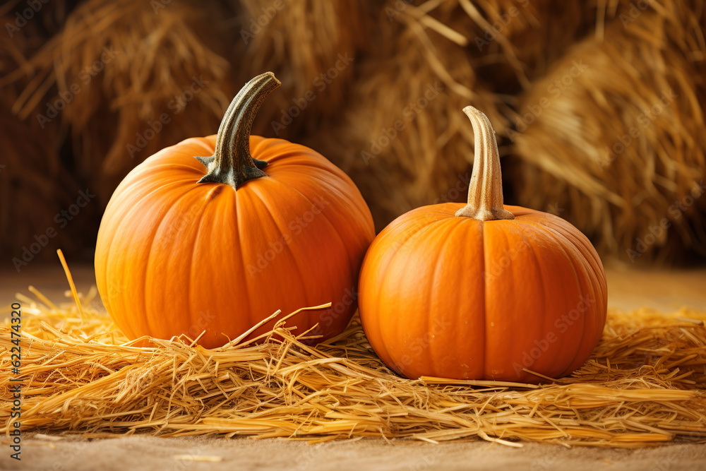 Two ripe pumpkins in straw, autumn background | Generative AI