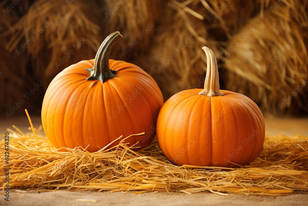Two ripe pumpkins in straw, autumn background | Generative AI Two ripe pumpkins in straw, autumn background | Generative AI