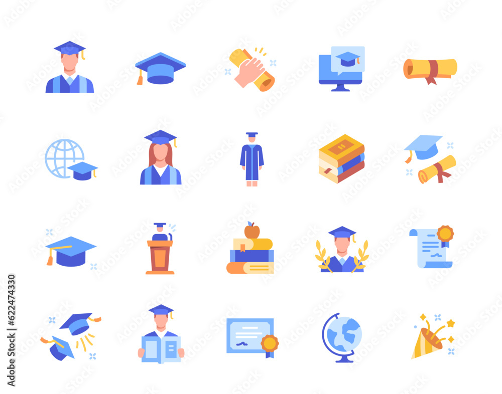 Graduation icons set. Colorful stickers with education and study, student and textbooks, university and college degree, certificate and diploma. Cartoon flat vector isolated on white background Graduation icons set. Colorful stickers with education and study, student and textbooks, university and college degree, certificate and diploma. Cartoon flat vector isolated on white background