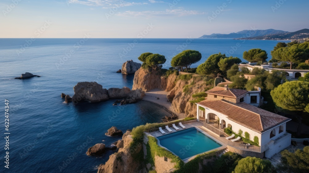 Location for the villa, such as a cliffside overlooking the Mediterranean Sea, a vineyard in Tuscany, or a secluded island off the coast of Sicily - obrazy, fototapety, plakaty 