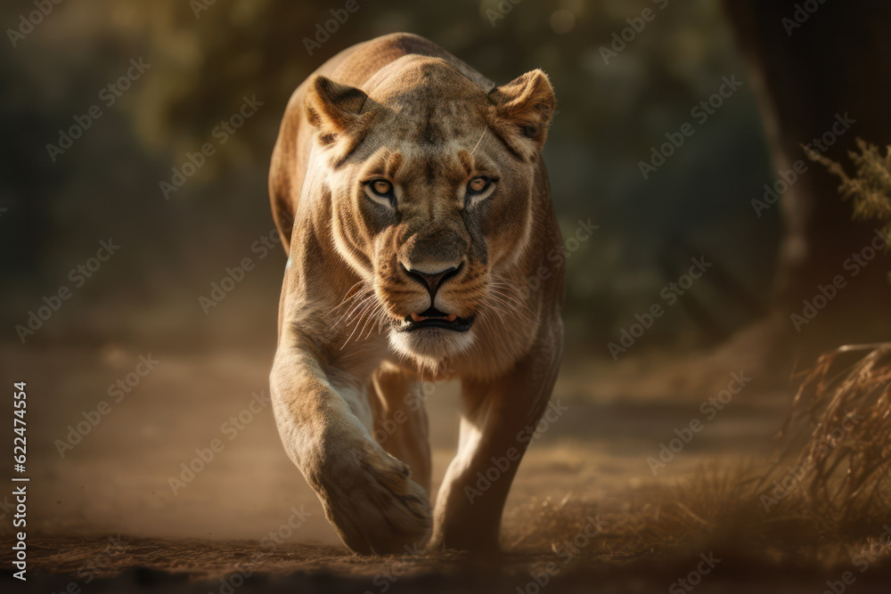 Fototapeta Female Lion running to the camera.