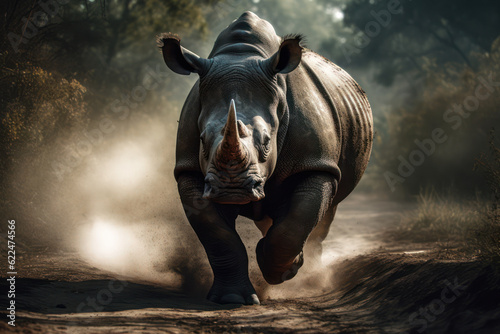 Rhino running towards the camera in the savannah. © JEROME