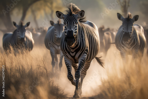 Pack of Zebras running towards the camera.