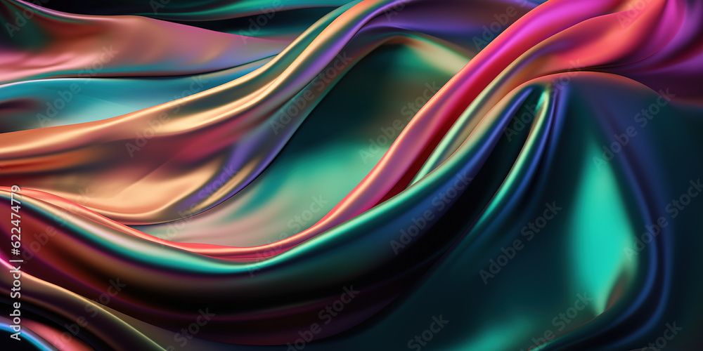 Abstract colorful smooth wavy elegant holographic silk cloth texture design, dynamic shiny luxury metallic satin fabric wave background. Generative AI