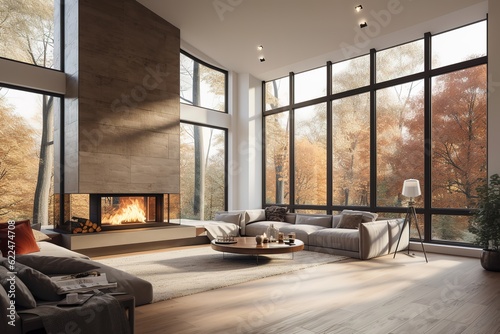 Beautiful living room interior in new luxury home with open concept floor plan. Shows wall of windows with amazing exterior, sofa & fire place