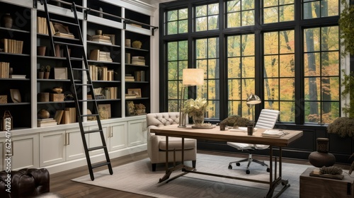 Stylish home office or library with custom built in bookshelves  comfortable seating  and inspiring views for a tranquil workspace