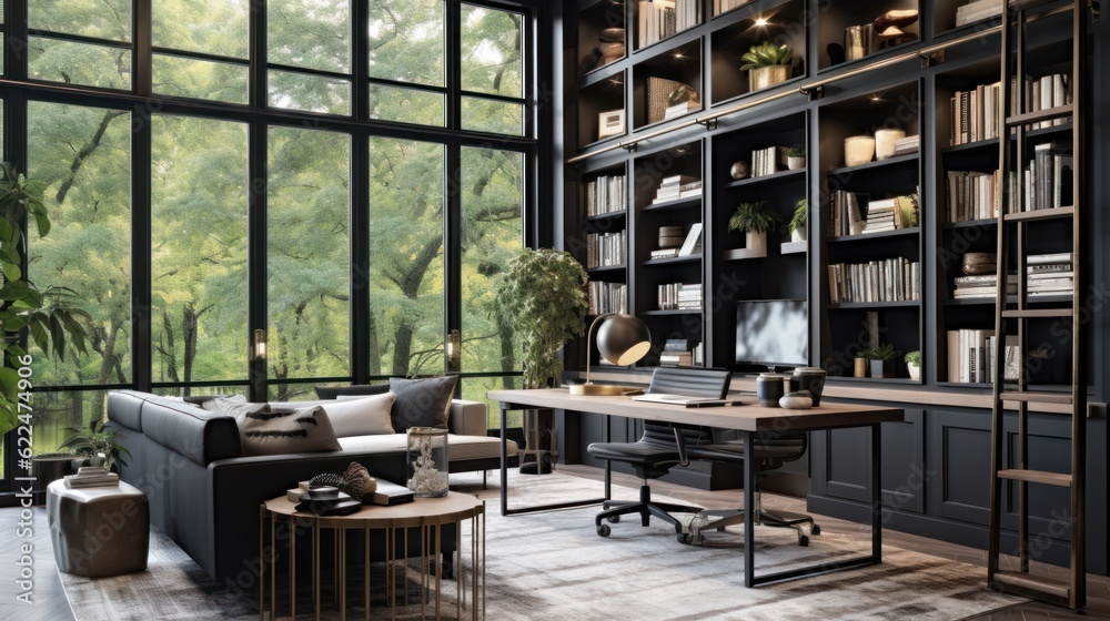 Stylish home office or library with custom built in bookshelves, comfortable seating, and inspiring views for a tranquil workspace Stylish home office or library with custom built in bookshelves, comfortable seating, and inspiring views for a tranquil workspace