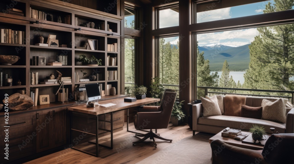 Stylish home office or library with custom built in bookshelves, comfortable seating, and inspiring views for a tranquil workspace Stylish home office or library with custom built in bookshelves, comfortable seating, and inspiring views for a tranquil workspace