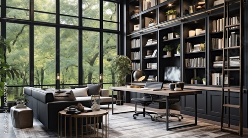 Stylish home office or library with custom built in bookshelves  comfortable seating  and inspiring views for a tranquil workspace