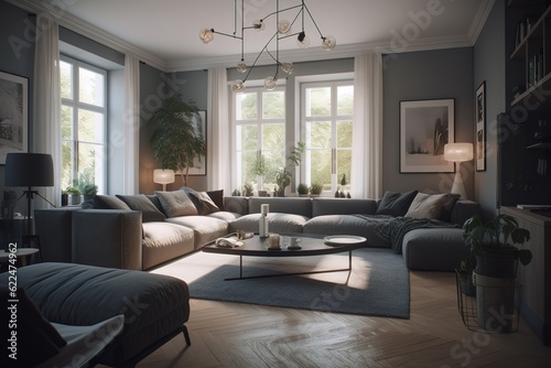 Light and Airy: Modern Living Room Embracing Natural Elements with cozy sofa, lamps and windows