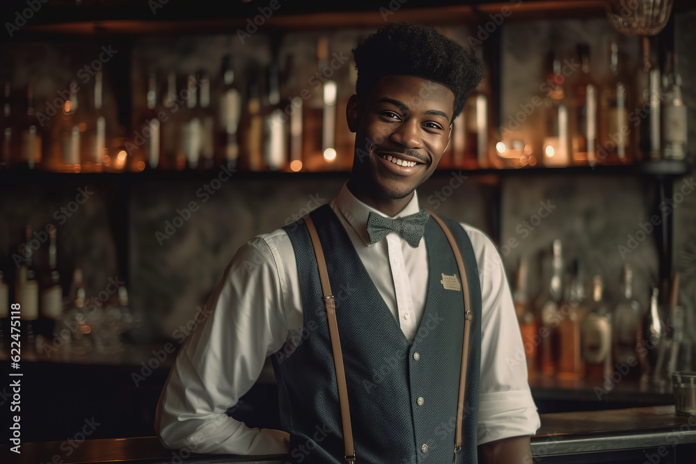 Friendly waiter serving drinks and smiling at the customers, ready to serve a cocktail. Generative AI