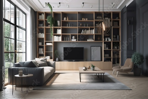 Contemporary Comfort: Inviting Modern Living Room Haven with sofa and book shelf