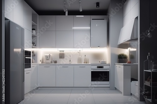 Interior of white furniture of a compact kitchen  glossy cabinets with built - in household appliances