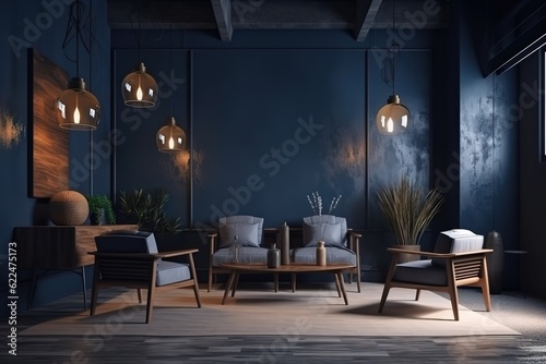 Living area in home or apartment on dark blue wall decorate - Relax area in Coffee shop or restaurant  © Parvez