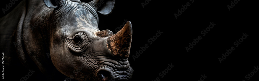 Fototapeta premium Rhino, A Close-Up Encounter with the Enigmatic Gaze, Textured Skin, and Mighty Horn.