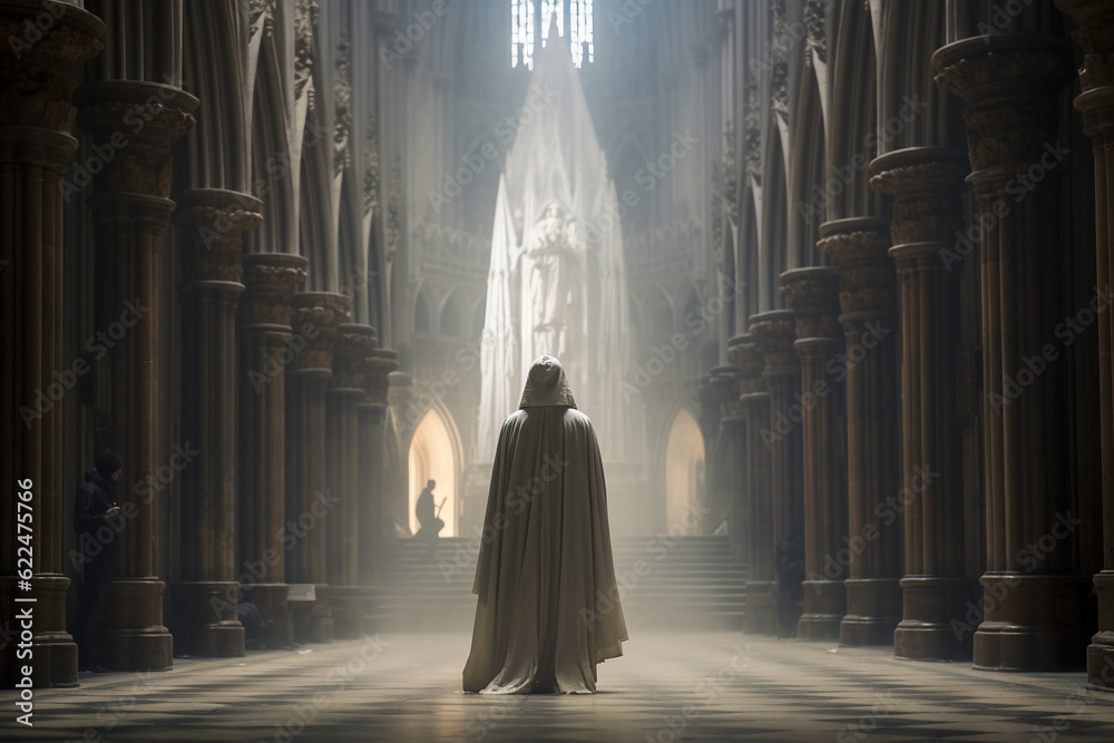 Illustration of a robbed priest in a medieval cathedral from behind. Generative AI. 