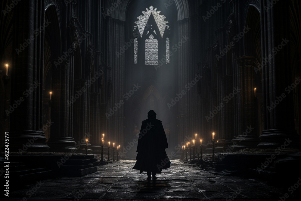 Illustration of a robbed priest in a medieval cathedral from behind. Generative AI. Illustration of a robbed priest in a medieval cathedral from behind. Generative AI.