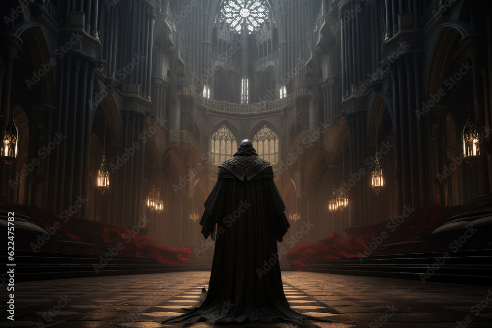 Naklejka premium Illustration of a robbed priest in a medieval cathedral from behind. Generative AI. 