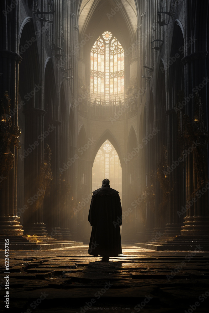 Illustration of a robbed priest in a medieval cathedral from behind. Generative AI. 