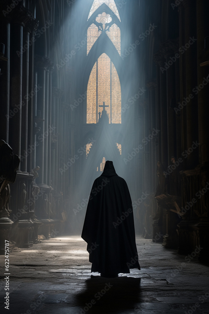 Illustration of a robbed priest in a medieval cathedral from behind. Generative AI. Illustration of a robbed priest in a medieval cathedral from behind. Generative AI.
