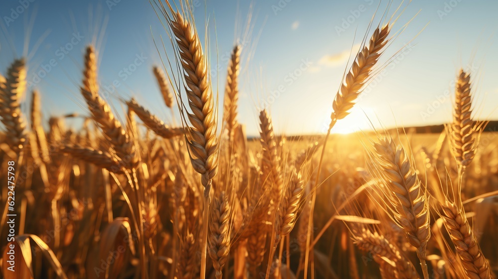 Wheatfield during sunset. Ears of golden wheat close up. Rich harvest Concept. Spikes of wheat in the field at sunrise. Ready to harvest wheat grains on a farm during a beautiful summer sunset. Wheatfield during sunset. Ears of golden wheat close up. Rich harvest Concept. Spikes of wheat in the field at sunrise. Ready to harvest wheat grains on a farm during a beautiful summer sunset.