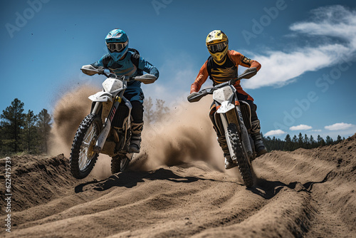 Illustration of motocross racers from ground level. Generative AI. 