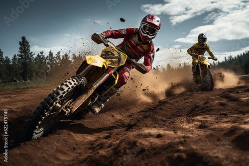 Illustration of motocross racers from ground level. Generative AI.  