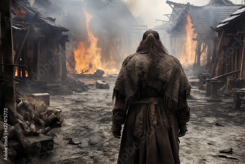 Illustration of a barbarian in furs walking through a burning medieval village. Generative AI.  photo