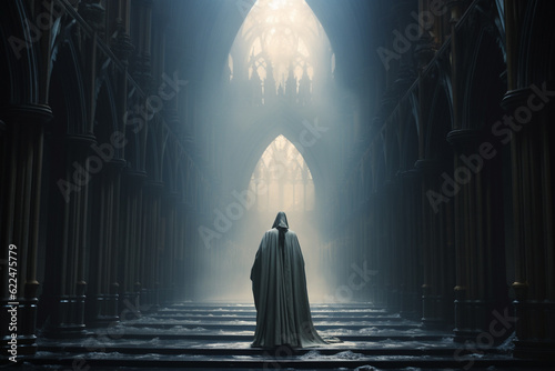 Foto Illustration of a robbed priest in a medieval cathedral from behind