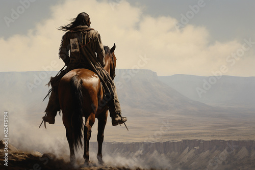 Illustration of an indigenous rider on the prairies in the old west. Generative AI. 