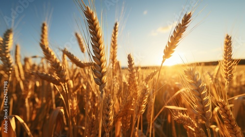 Wheatfield during sunset. Ears of golden wheat close up. Rich harvest Concept. Spikes of wheat in the field at sunrise. Ready to harvest wheat grains on a farm during a beautiful summer sunset. © Valua Vitaly
