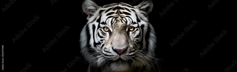 Fototapeta premium White Tiger: Mesmerizing Close-Up of Piercing Eyes and Powerful Head on a Captivating Black Background.