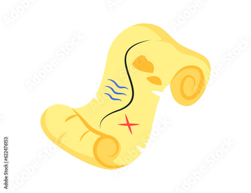 Sea pirate concept. Sticker with paper scroll or map of buried treasure and chest with gold. Colorful decorative element for web and apps. Cartoon flat vector illustration isolated on white background
