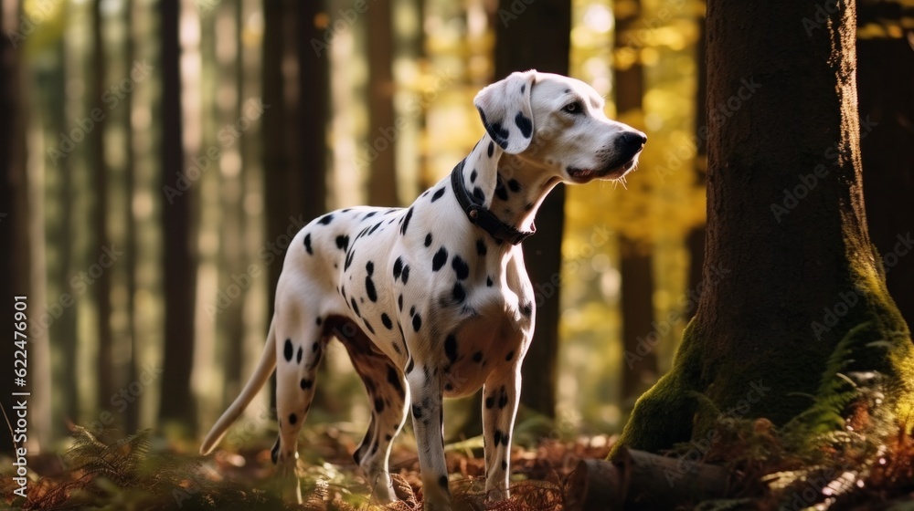 Dalmatian is walking in the forest.
