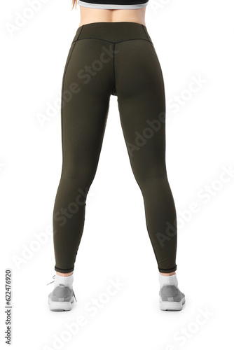 Sporty young woman in leggings on white background, back view