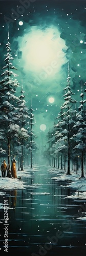 A snowy winter landscape with evergreen trees. Generative AI. 