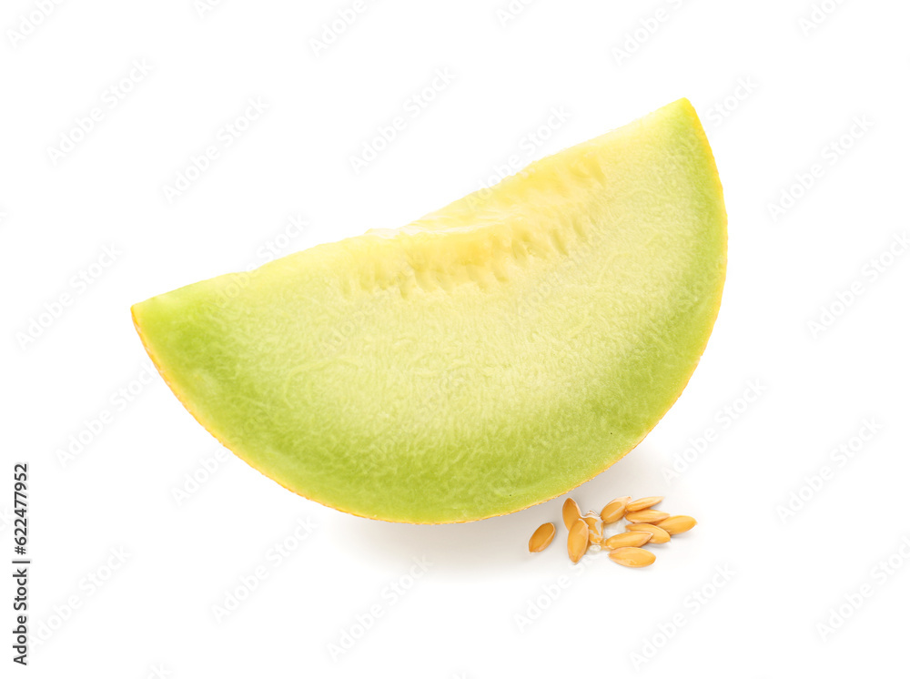Piece of sweet melon and seeds on white background Piece of sweet melon and seeds on white background