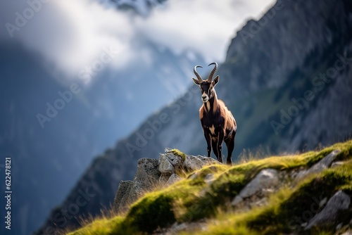 Wild rupicapra standing at the top of the mountain