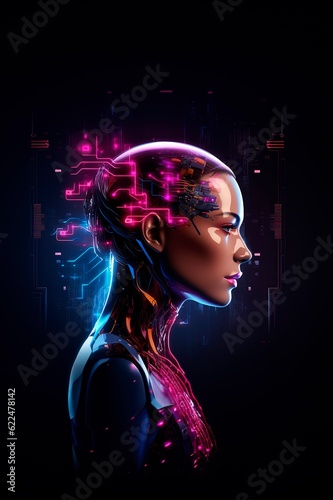 Side view of futuristic humanoid female face on dark background