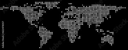 Abstract world map with white dots, digital earth map, round points, spots, creative illustration with all the continents and oceans, graphic design globe, planet earth, isolated on black background