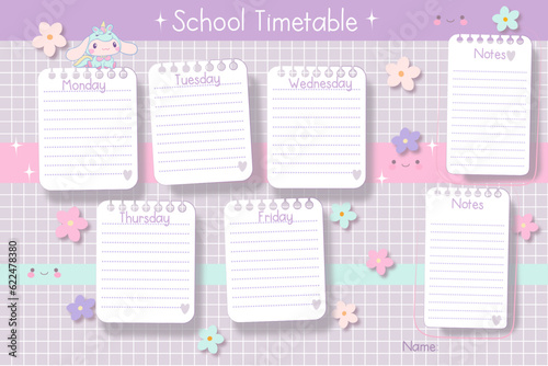 Purple School timetable with rainbow, flowers, empty to do list, weekly planer for kid's education, vector reminder ready for print 
