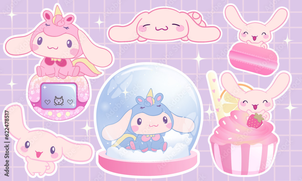Big sticker set  cute cartoon pink bunny with cupcakes, macarons, unicorn, snowflake on purple background. Kawaii sticker pack 