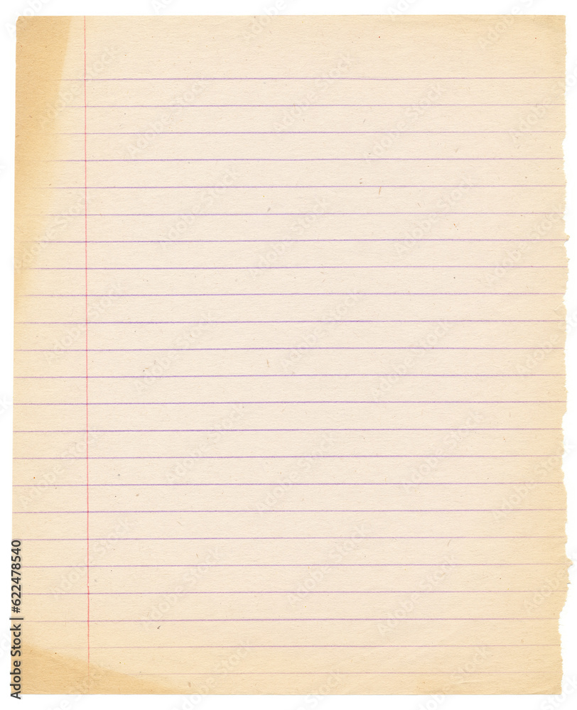 Obraz premium Aged lined sheet of copybook. Empty vintage lined sheet of paper with red vertical margin.