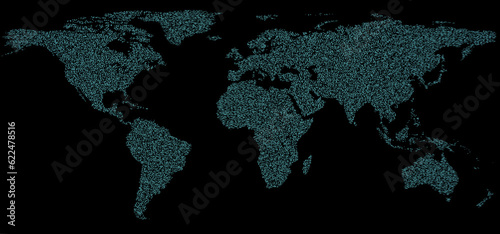 Abstract world map out of blue pixels, rounded squares, colored globe map, realistic illustration with all the continents and oceans, graphic design atlas, planet earth, isolated, black background