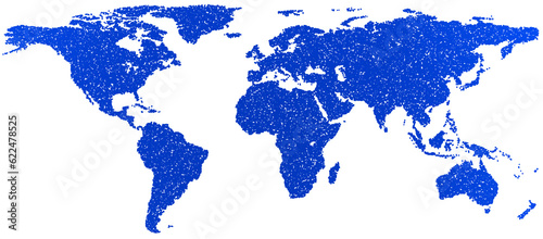 Abstract world map out of blue pixels, rounded squares, colored globe map, realistic illustration with all the continents and oceans, graphic design atlas, planet earth, isolated on a white background