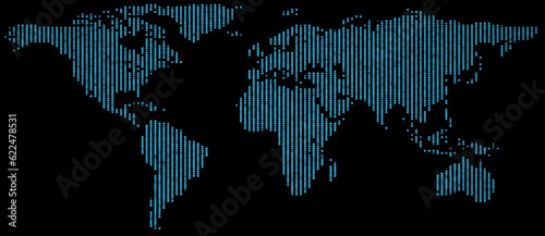 Abstract world map out of light blue squares, colored globe map, realistic illustration with all the continents and oceans, graphic design atlas, planet earth map, isolated on a black background
